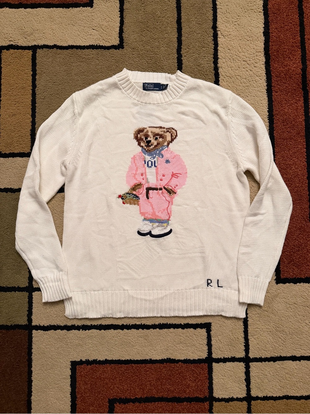 Ralph Lauren Cream Crewneck Sweater with Pink Bear Motif